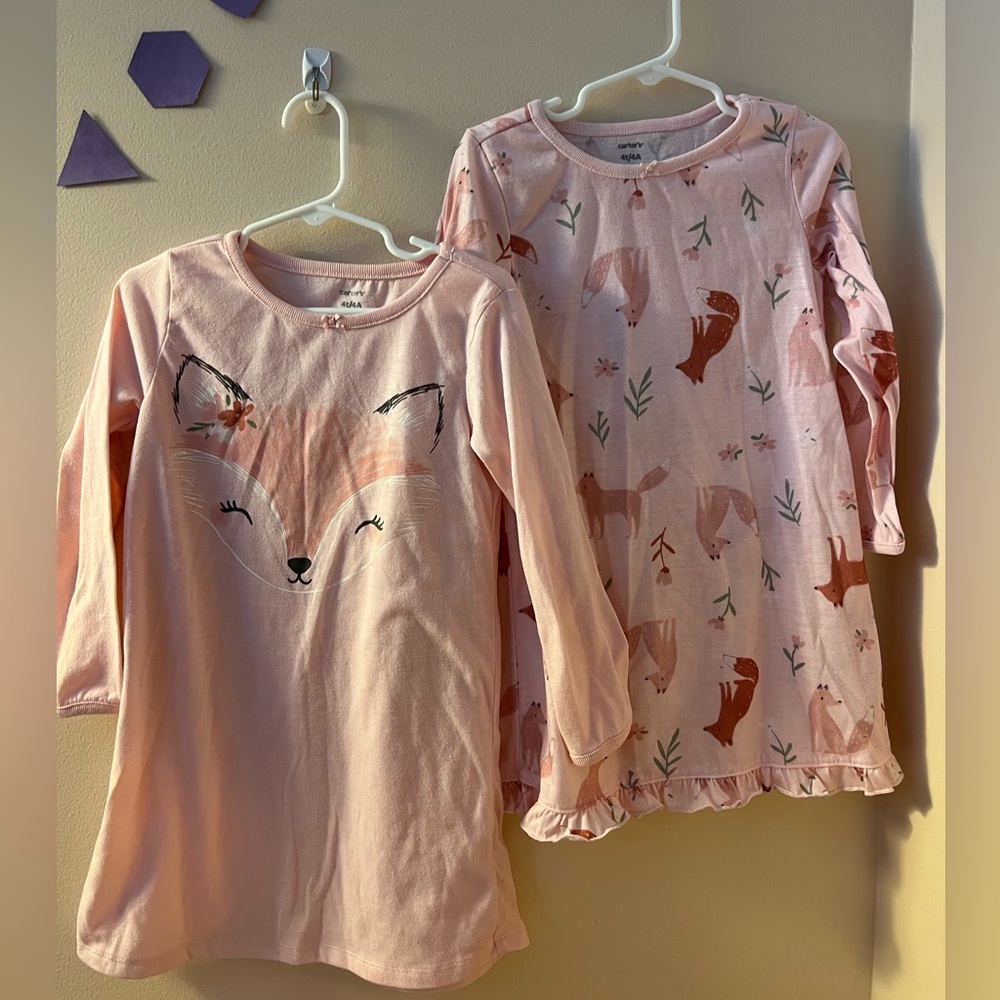 Carter’s 2 Toddler Pink Fox Nightgowns 4T Long Sleeve